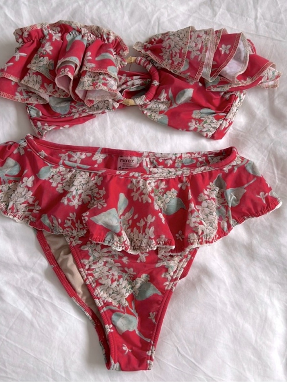Montce Red Floral Ruffle Bikini Set